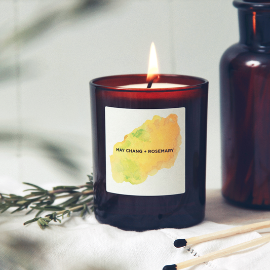 Amber glass candle: May Chang + Rosemary